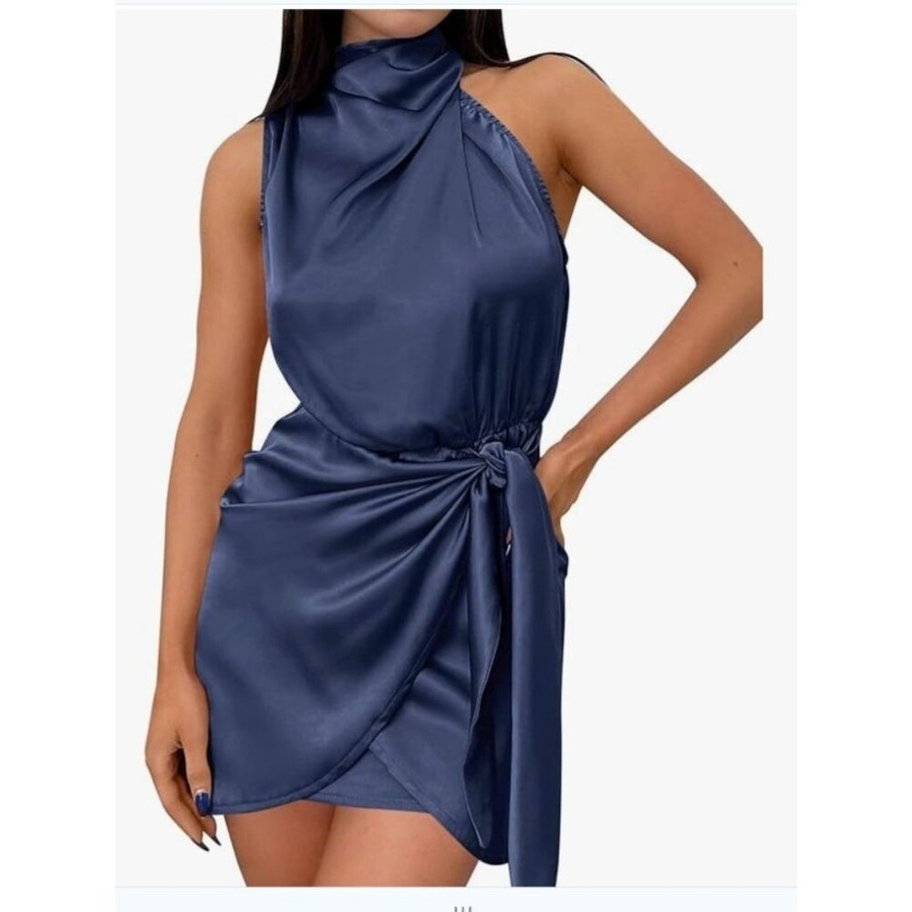 Zesica Womens Satin Wrap Dress With Keyhole Back & Side Tie In Dark Blue Size S